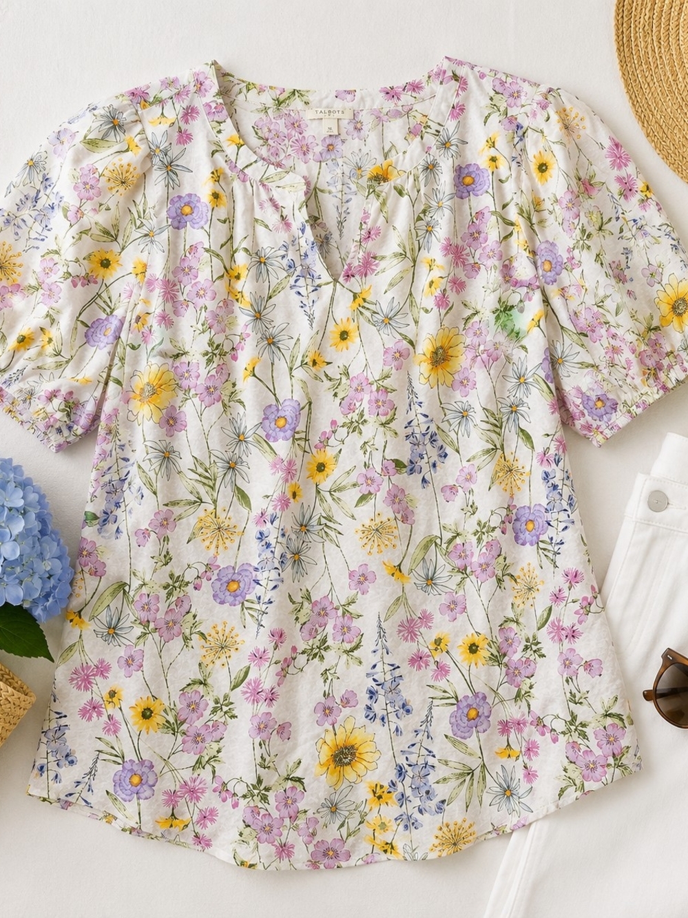 Talbots Floral Cotton Blouse XL Puff Sleeve Cottagecore Top - Picture 2 of 6